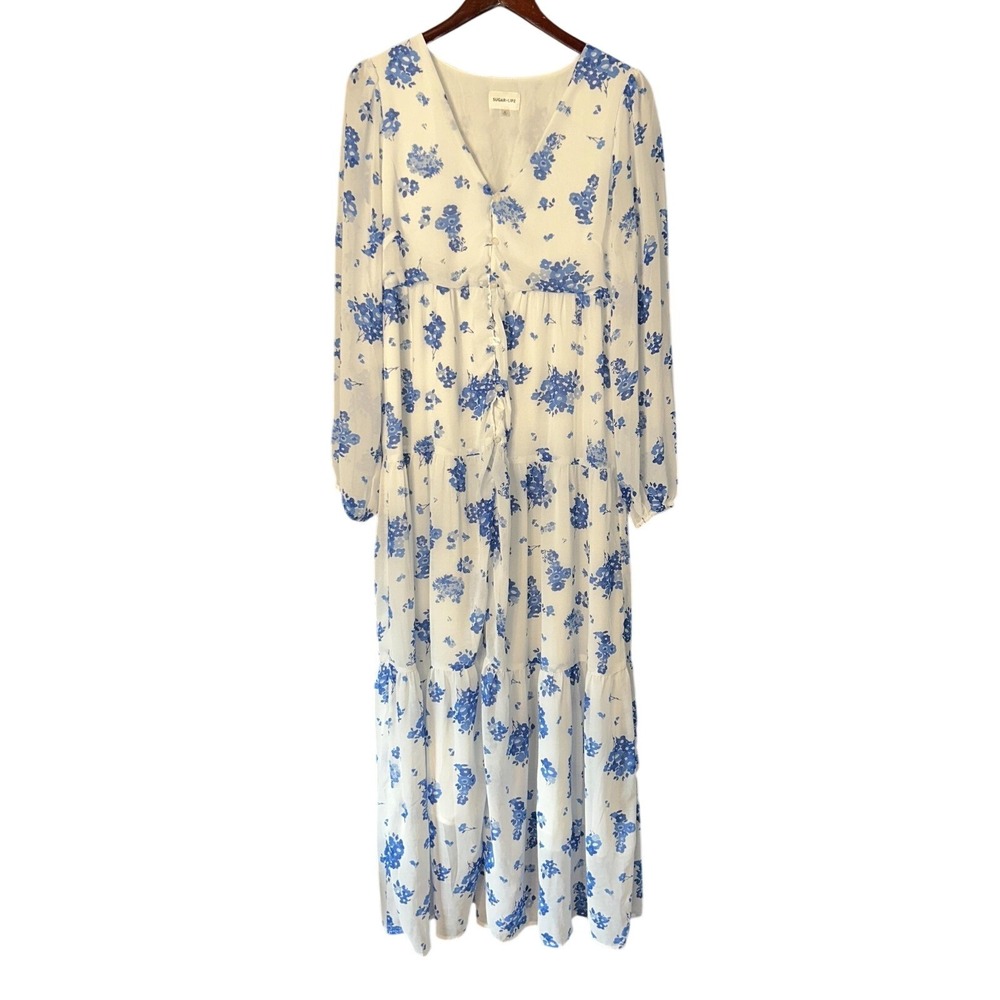 SUGARLIPS Dress Womens M White Floral Maxi VNeck Balloon Sleeve Ruffle Prairie